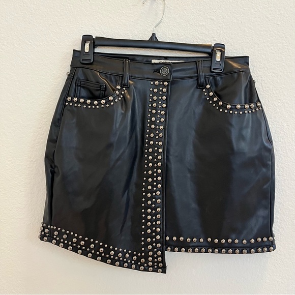 Black Studded Faux Leather Mini Skirt Asymmetrical Hem Rock Chic Y2K Staple - Picture 2 of 16